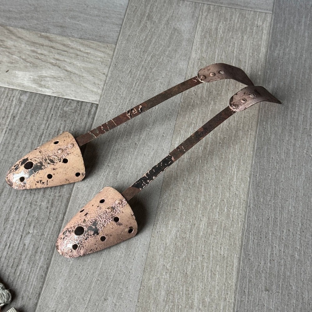 Vintage Antique Metal Shoe Trees Industrial Pink Weathered Pair 10.5" Industrial